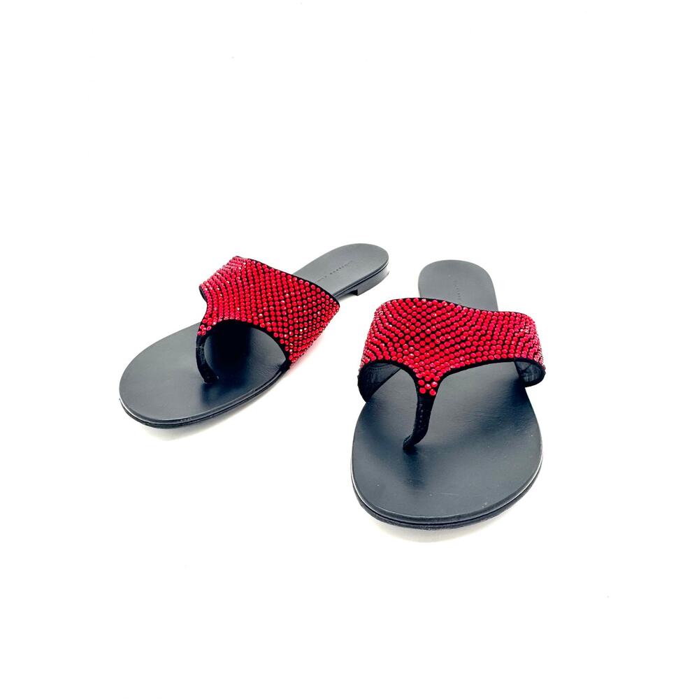 Giuseppe Zanotti Black Leather Red Rhinestone Thong Sandals Y2K Glam EU 37.5
